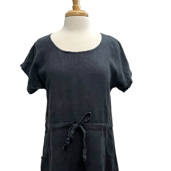 100% Linen Round Neck Cinched Waist Shirt Dress Washed Black size Small/Medium - Picture 2 of 8